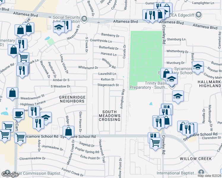 map of restaurants, bars, coffee shops, grocery stores, and more near 2332 Corral Drive in Fort Worth