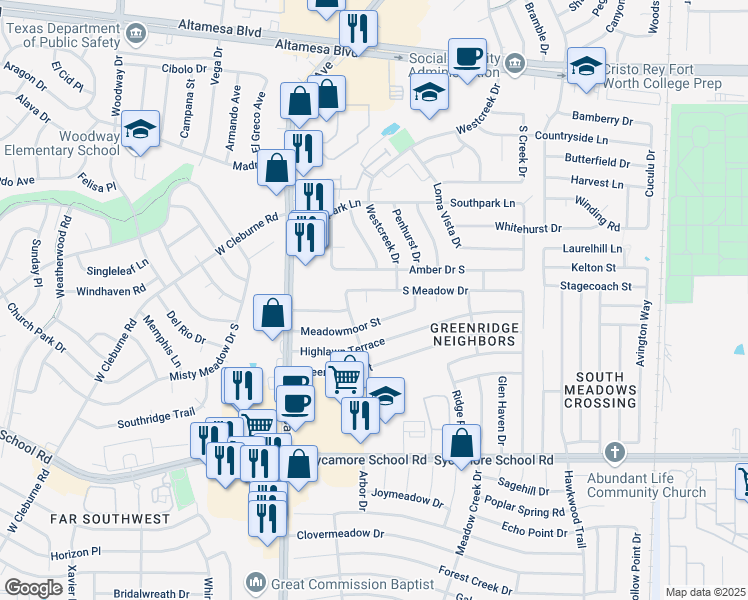 map of restaurants, bars, coffee shops, grocery stores, and more near 7055 Lara Court in Fort Worth
