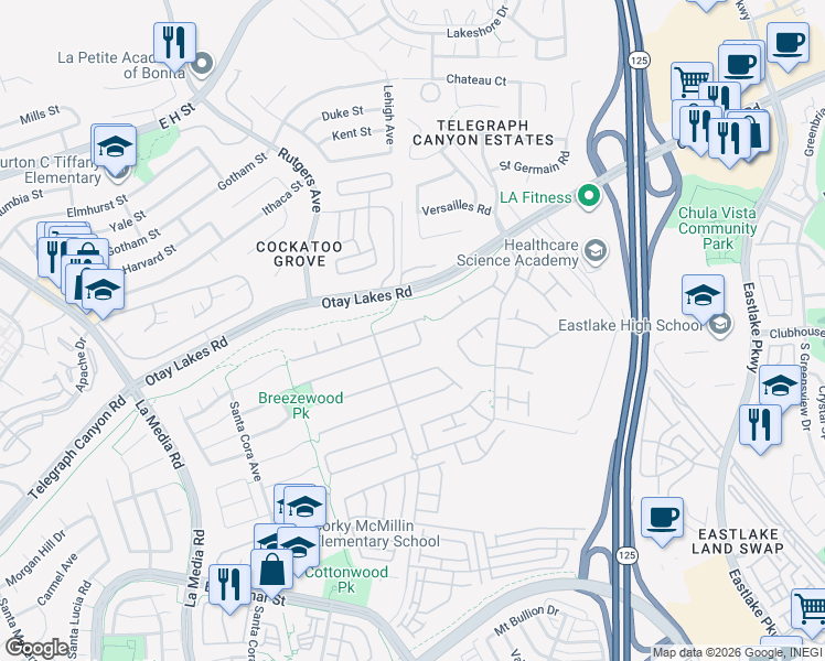 map of restaurants, bars, coffee shops, grocery stores, and more near 1936 Harrils Mill Avenue in Chula Vista