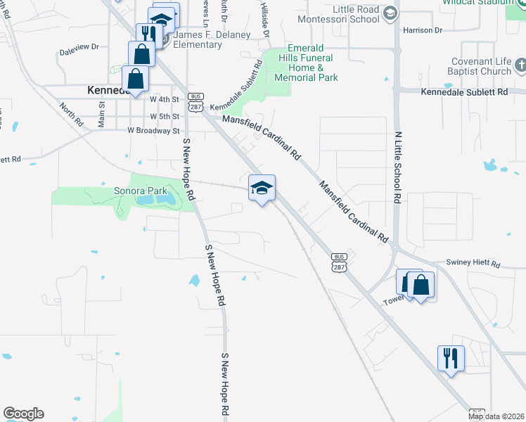 map of restaurants, bars, coffee shops, grocery stores, and more near 200 Pine Meadow Drive in Kennedale