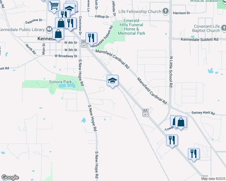 map of restaurants, bars, coffee shops, grocery stores, and more near in Kennedale