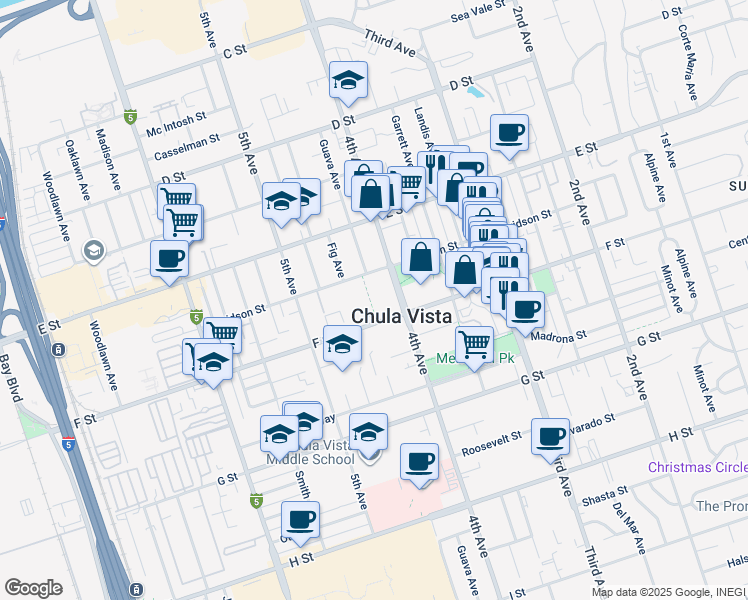 map of restaurants, bars, coffee shops, grocery stores, and more near 276 4th Avenue in Chula Vista