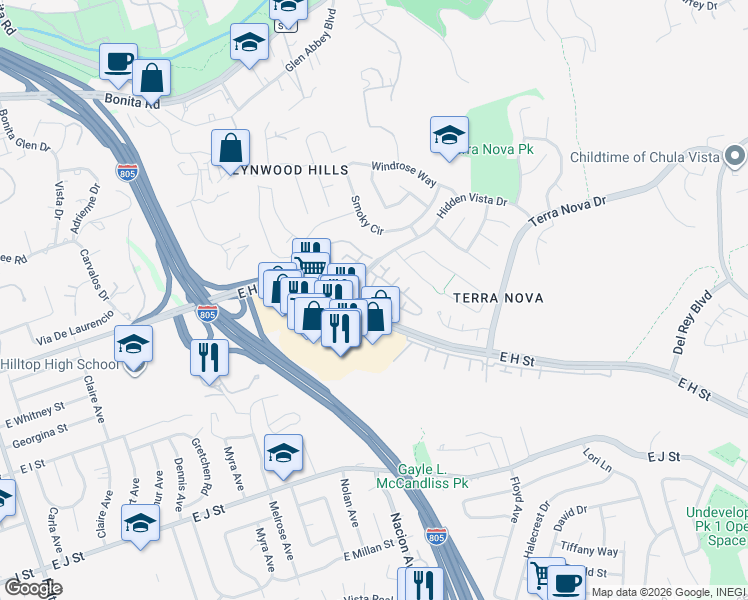 map of restaurants, bars, coffee shops, grocery stores, and more near 429 Sanibelle Circle in Chula Vista