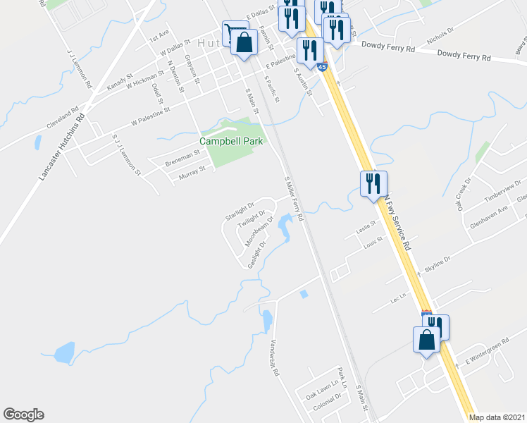 map of restaurants, bars, coffee shops, grocery stores, and more near 18 Twilight Drive in Hutchins