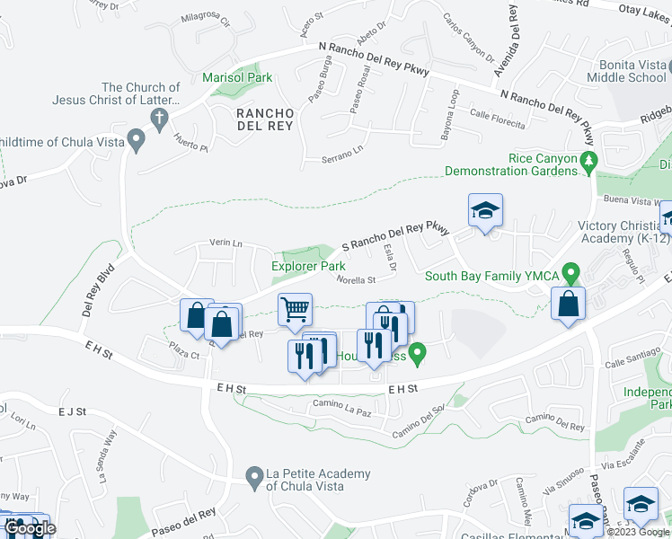 map of restaurants, bars, coffee shops, grocery stores, and more near 909 Norella Street in Chula Vista