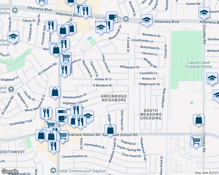 map of restaurants, bars, coffee shops, grocery stores, and more near 2001 Sandy Ridge Street in Fort Worth