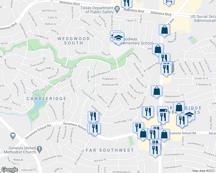 map of restaurants, bars, coffee shops, grocery stores, and more near 3949 Windhaven Road in Fort Worth