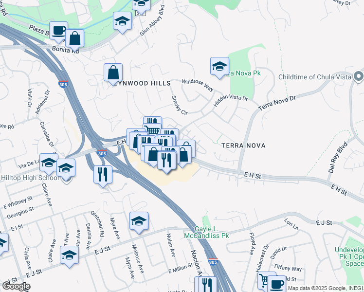 map of restaurants, bars, coffee shops, grocery stores, and more near 431 Sanibelle Circle in Chula Vista
