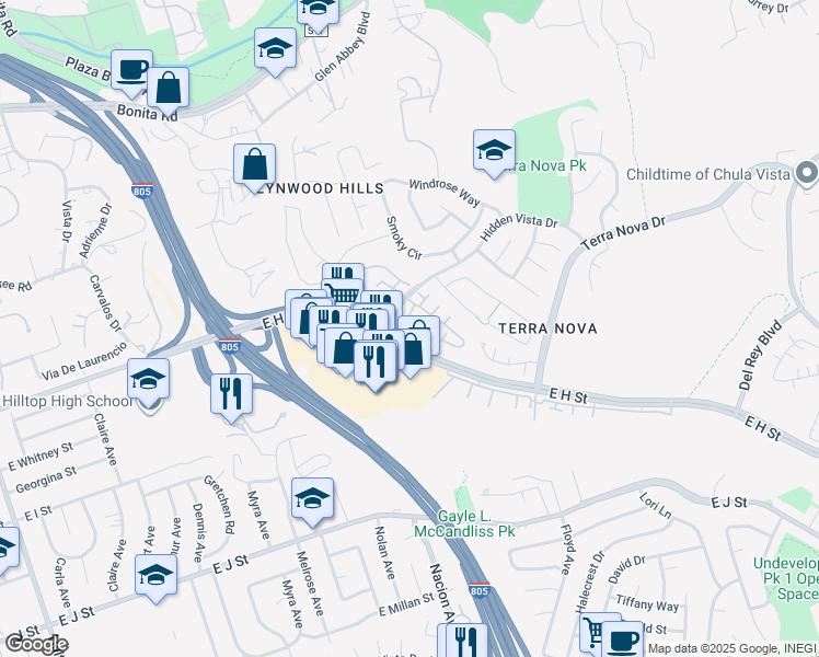 map of restaurants, bars, coffee shops, grocery stores, and more near 431 Sanibelle Circle in Chula Vista