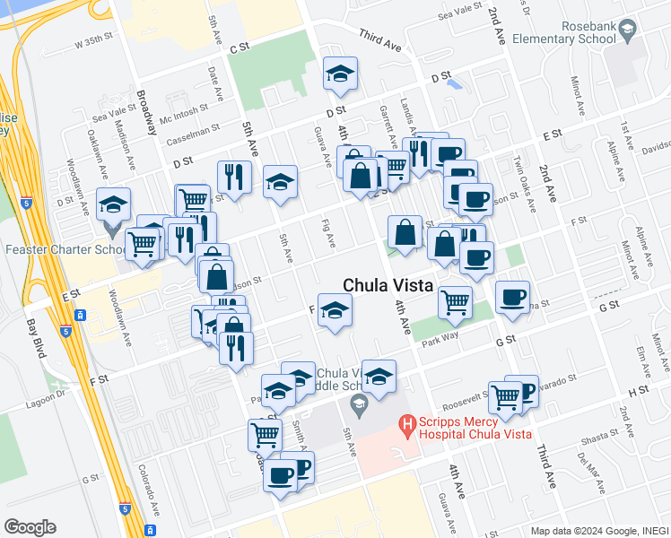 map of restaurants, bars, coffee shops, grocery stores, and more near 479 F Street in Chula Vista