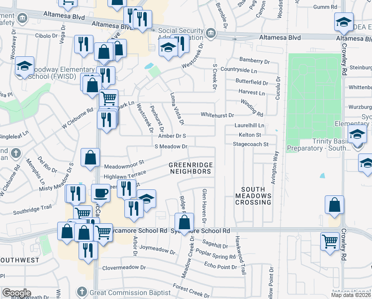 map of restaurants, bars, coffee shops, grocery stores, and more near 2001 Sandy Ridge Street in Fort Worth