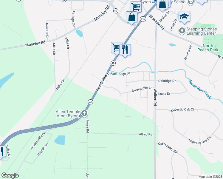 map of restaurants, bars, coffee shops, grocery stores, and more near 116 Meadow's Walk Drive in Byron
