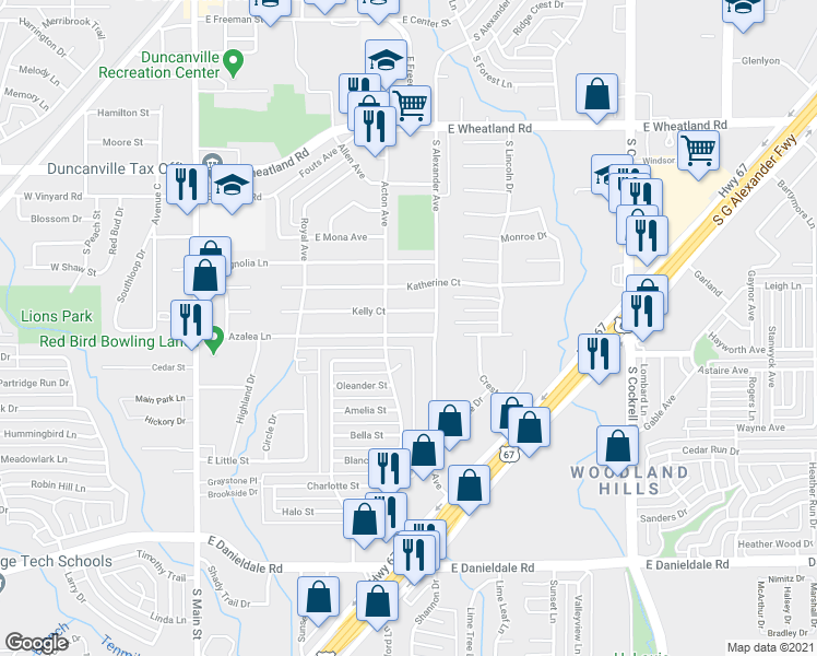 map of restaurants, bars, coffee shops, grocery stores, and more near 515 Azalea Ln in Duncanville