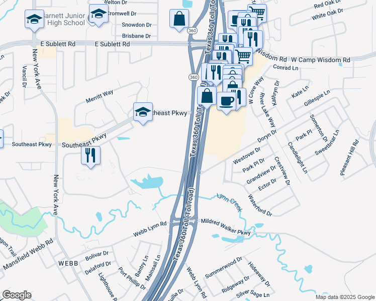 map of restaurants, bars, coffee shops, grocery stores, and more near South State Highway 360 in Grand Prairie
