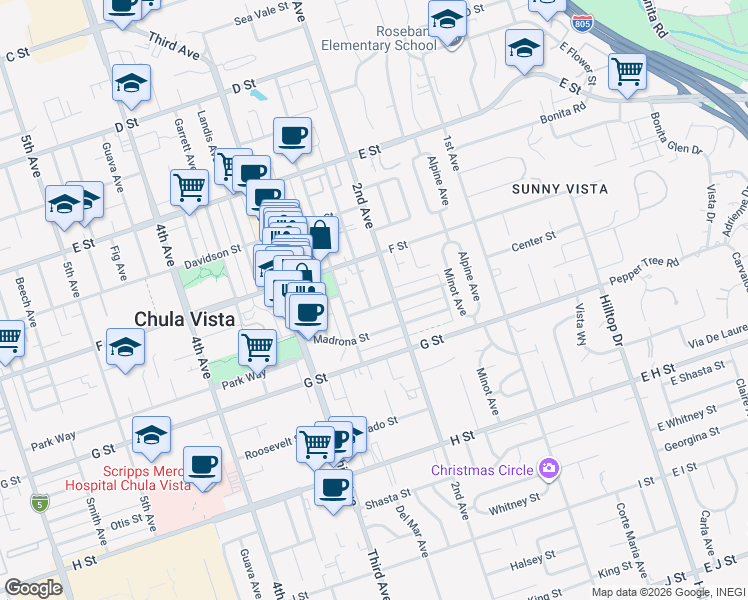 map of restaurants, bars, coffee shops, grocery stores, and more near 317 Twin Oaks Avenue in Chula Vista