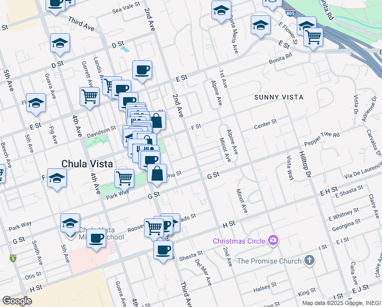 map of restaurants, bars, coffee shops, grocery stores, and more near 201 Cypress Street in Chula Vista