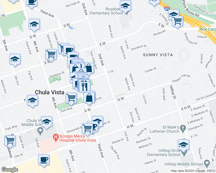 map of restaurants, bars, coffee shops, grocery stores, and more near 333 2nd Avenue in Chula Vista
