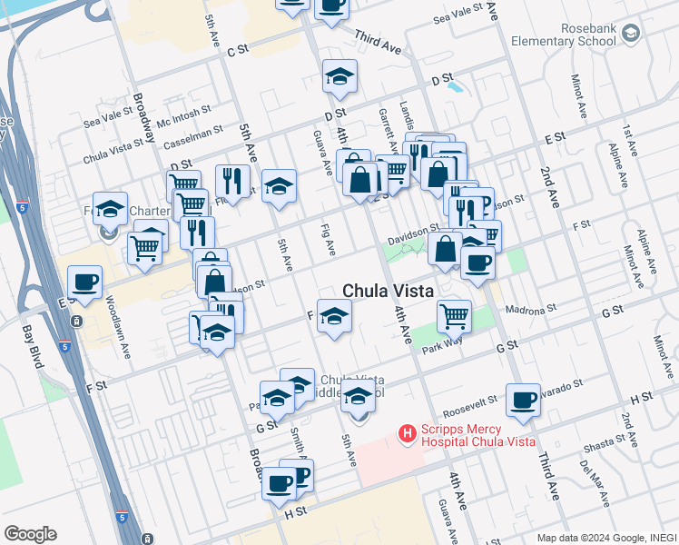 map of restaurants, bars, coffee shops, grocery stores, and more near 244 Fig Avenue in Chula Vista
