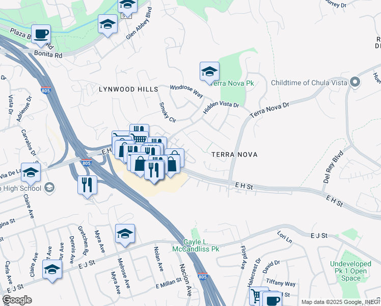 map of restaurants, bars, coffee shops, grocery stores, and more near 413 Sanibelle Circle in Chula Vista