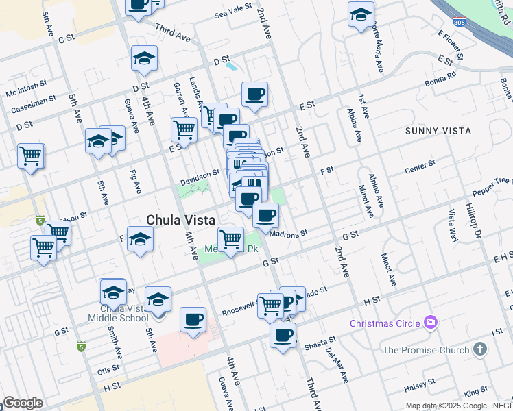 map of restaurants, bars, coffee shops, grocery stores, and more near 313 3rd Avenue in Chula Vista