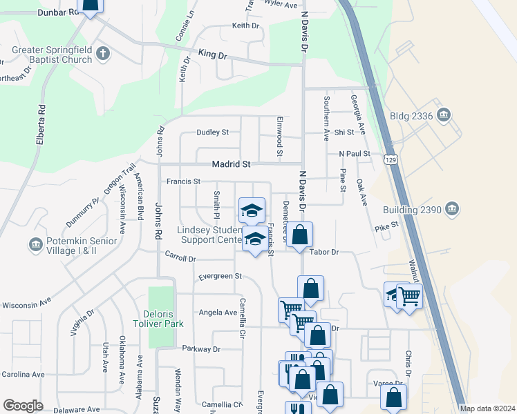 map of restaurants, bars, coffee shops, grocery stores, and more near 209 Ruzelle Street in Warner Robins
