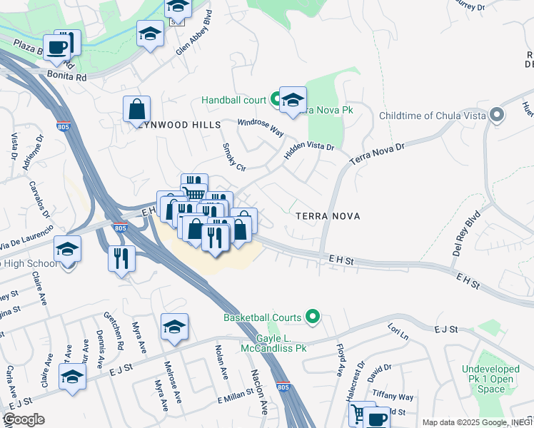 map of restaurants, bars, coffee shops, grocery stores, and more near 413 Sanibelle Circle in Chula Vista
