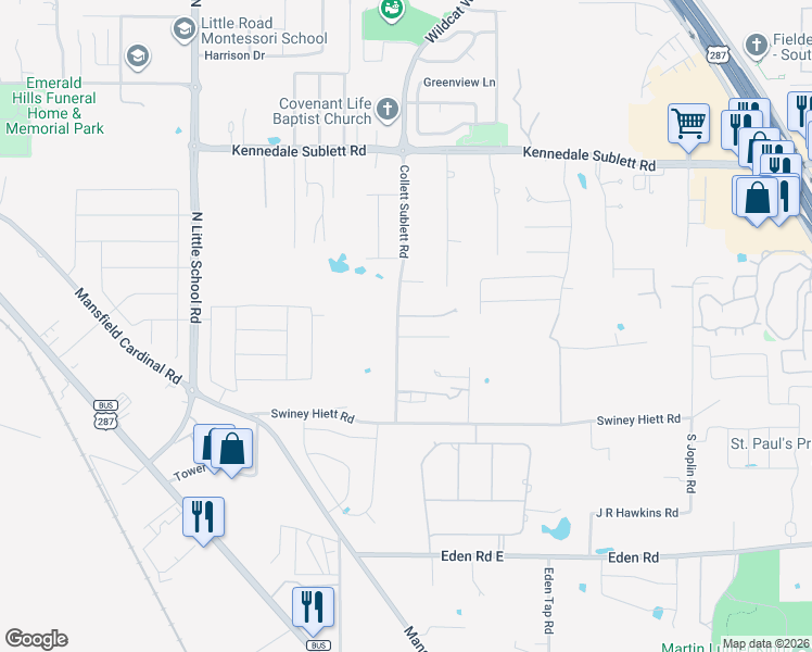 map of restaurants, bars, coffee shops, grocery stores, and more near 1221 Glaze Lane in Kennedale