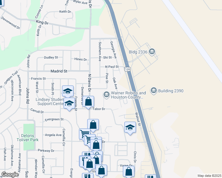 map of restaurants, bars, coffee shops, grocery stores, and more near 814 Pine Street in Warner Robins
