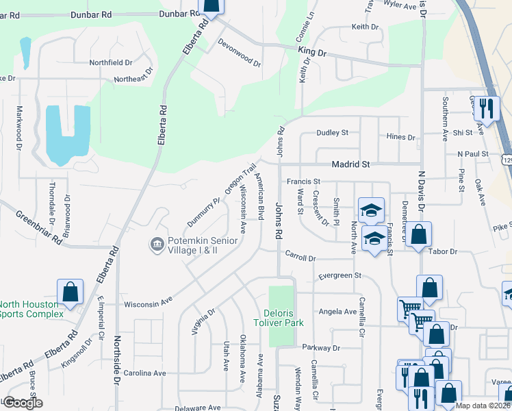 map of restaurants, bars, coffee shops, grocery stores, and more near 410 Wisconsin Avenue in Warner Robins