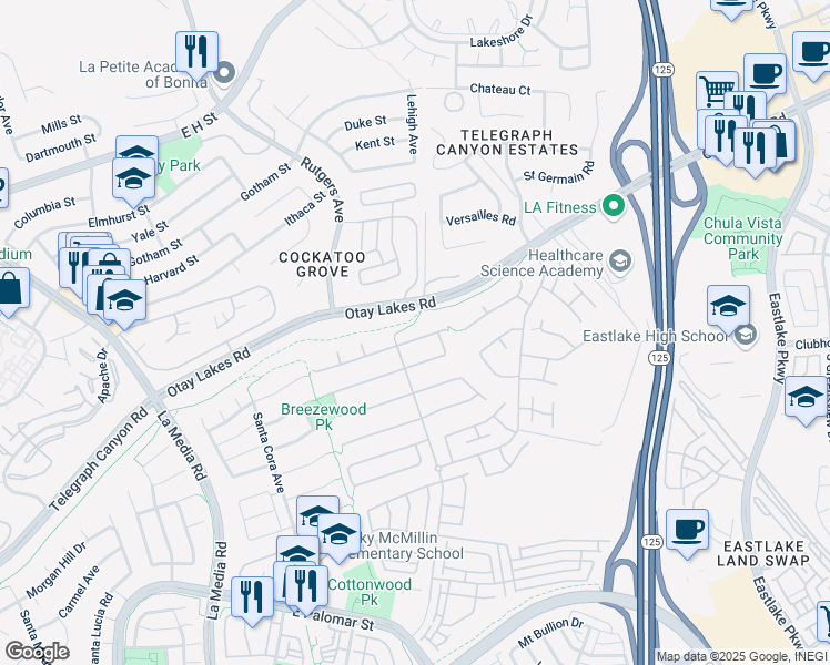 map of restaurants, bars, coffee shops, grocery stores, and more near 1921 Lagrange Road in Chula Vista