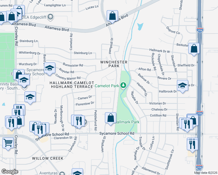 map of restaurants, bars, coffee shops, grocery stores, and more near 1260 Kielder Circle in Fort Worth