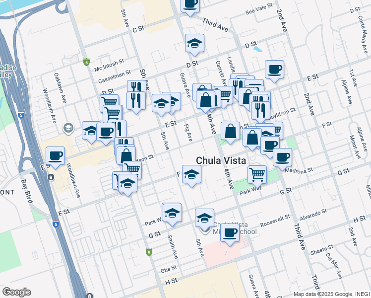 map of restaurants, bars, coffee shops, grocery stores, and more near 468 Davidson Street in Chula Vista