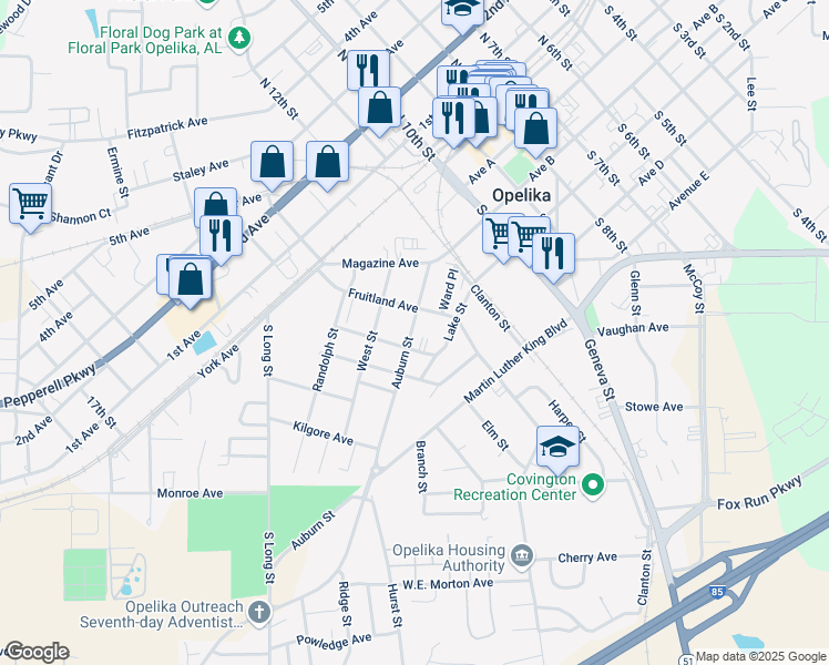 map of restaurants, bars, coffee shops, grocery stores, and more near 1109 Auburn Street in Opelika