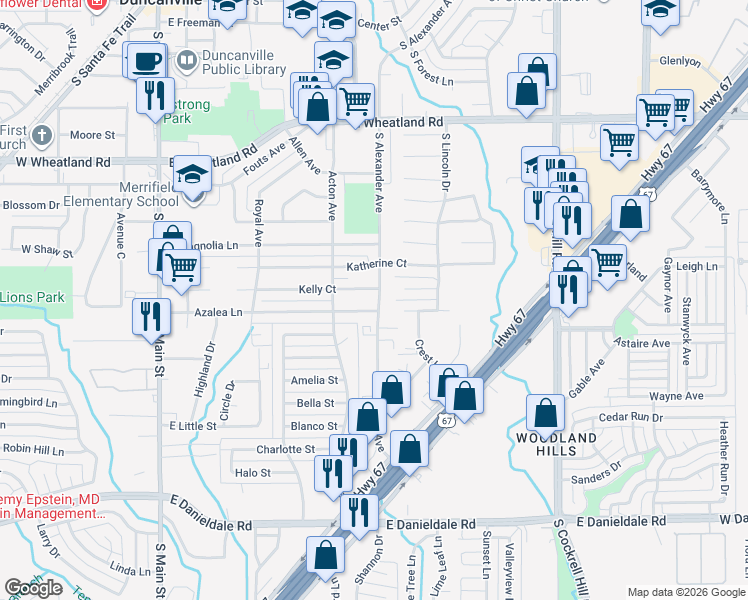 map of restaurants, bars, coffee shops, grocery stores, and more near 1019 South Alexander Avenue in Duncanville