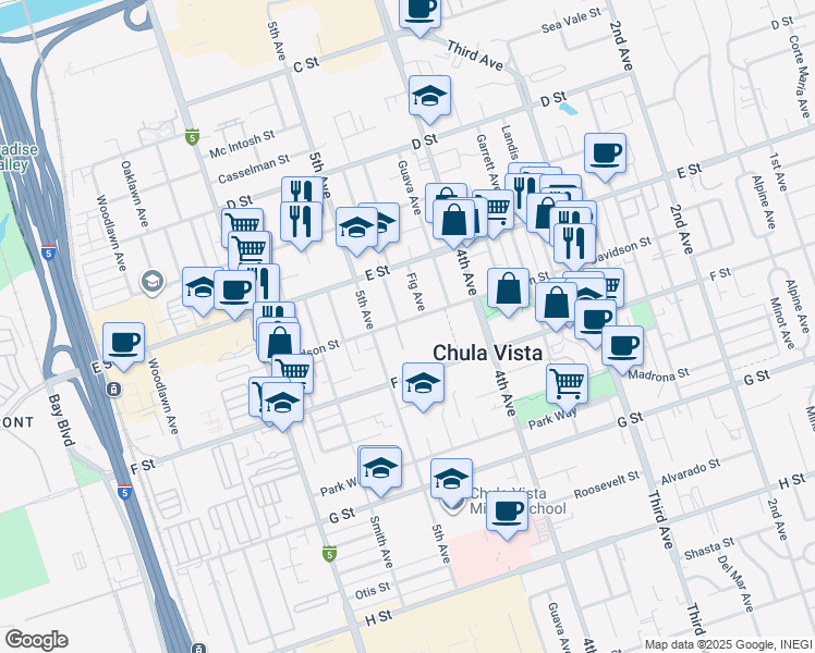 map of restaurants, bars, coffee shops, grocery stores, and more near 468 Davidson Street in Chula Vista