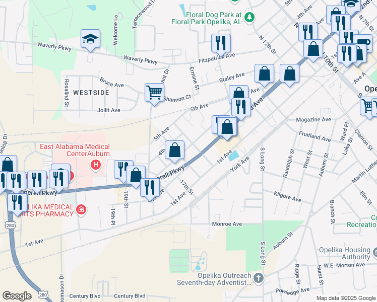 map of restaurants, bars, coffee shops, grocery stores, and more near 1601-1605 4th Avenue in Opelika