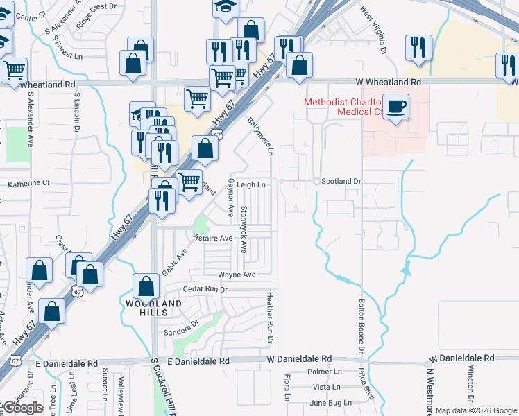 map of restaurants, bars, coffee shops, grocery stores, and more near 1026 Mansfield Lane in Duncanville