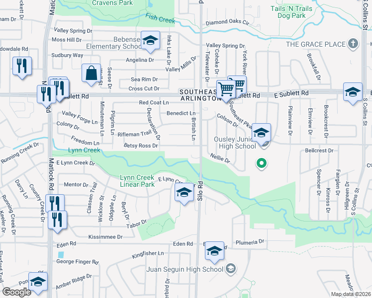 map of restaurants, bars, coffee shops, grocery stores, and more near 605 Betsy Ross Drive in Arlington