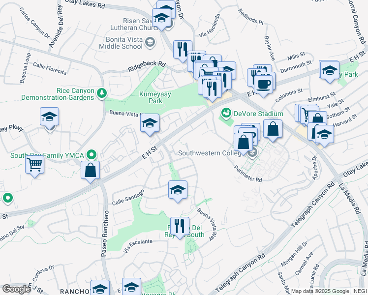 map of restaurants, bars, coffee shops, grocery stores, and more near 864 Crystal Creek Court in Chula Vista