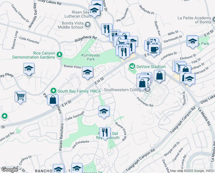map of restaurants, bars, coffee shops, grocery stores, and more near 864 Crystal Creek Court in Chula Vista