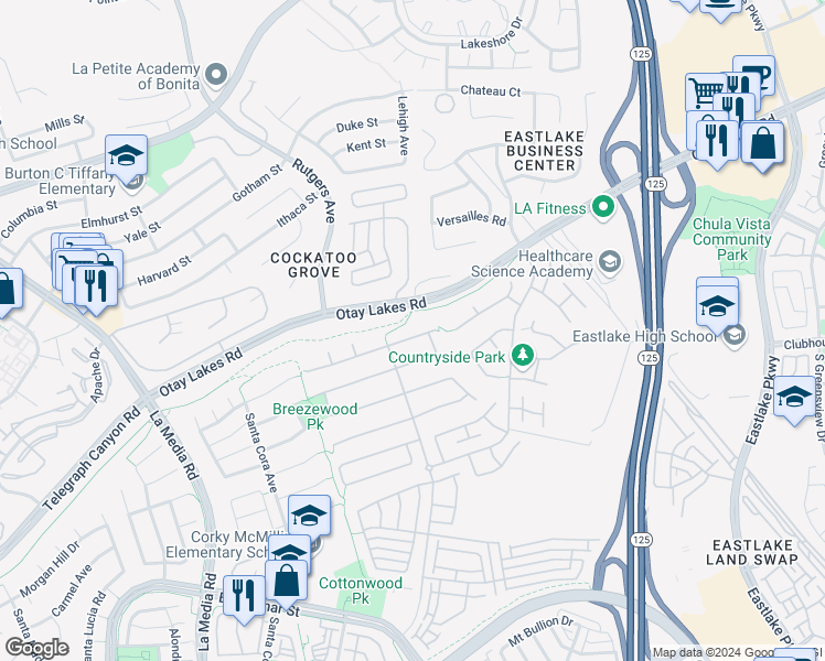 map of restaurants, bars, coffee shops, grocery stores, and more near 1921 Lagrange Road in Chula Vista
