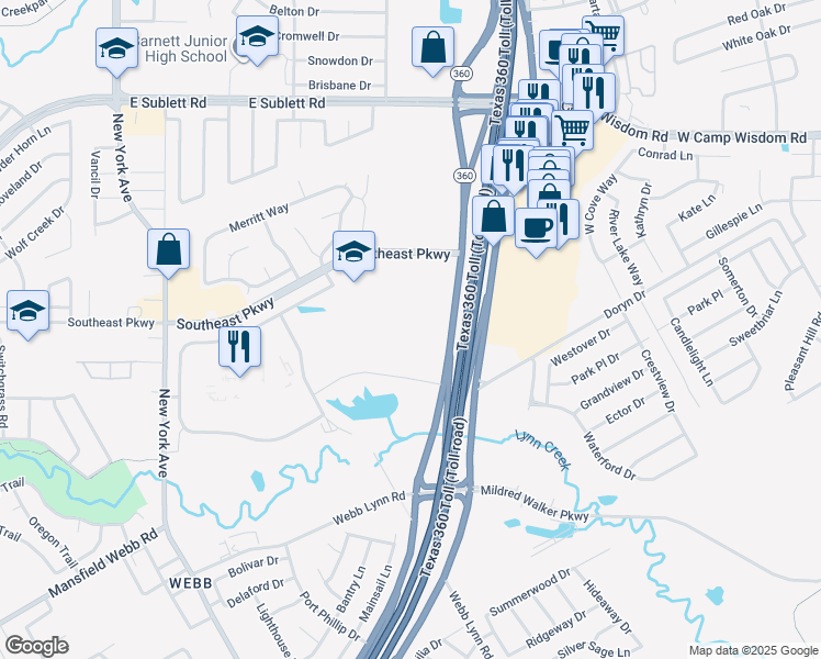 map of restaurants, bars, coffee shops, grocery stores, and more near 6700 South Watson Road in Arlington
