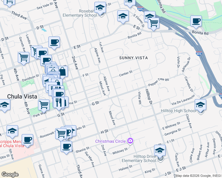 map of restaurants, bars, coffee shops, grocery stores, and more near 373 Alpine Avenue in Chula Vista