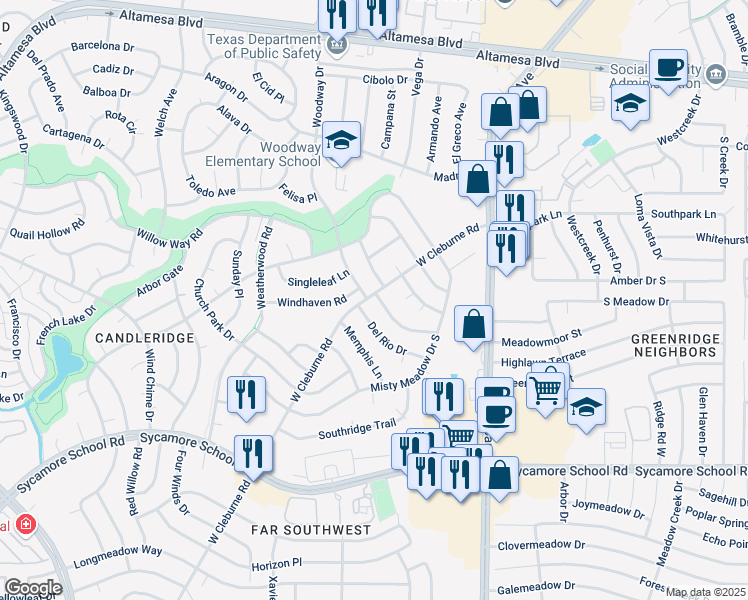 map of restaurants, bars, coffee shops, grocery stores, and more near 3725 Holly Springs Drive in Fort Worth