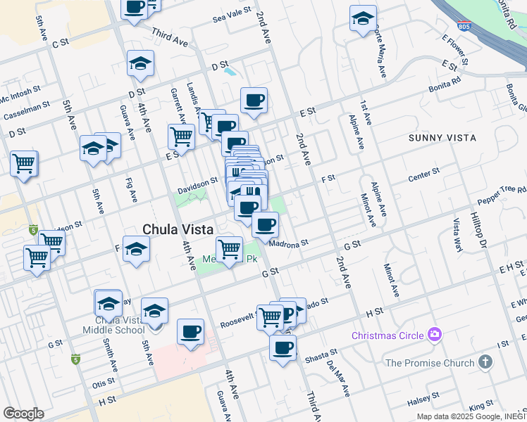 map of restaurants, bars, coffee shops, grocery stores, and more near 287 F Street in Chula Vista
