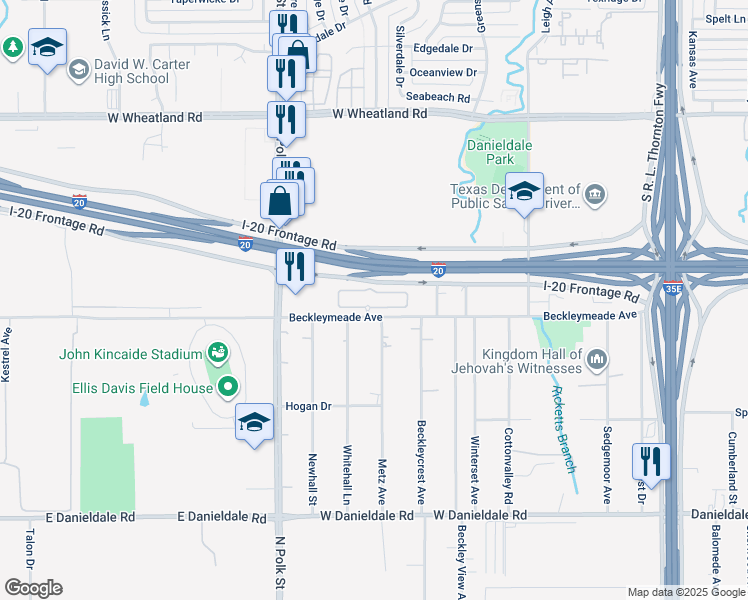 map of restaurants, bars, coffee shops, grocery stores, and more near 7 Interstate 20 Frontage Road in Dallas