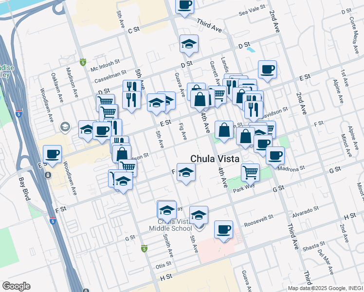 map of restaurants, bars, coffee shops, grocery stores, and more near 244 Fig Avenue in Chula Vista