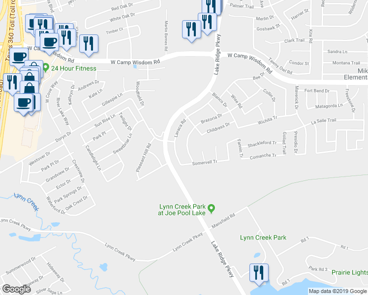 map of restaurants, bars, coffee shops, grocery stores, and more near 5535 Brazoria Drive in Grand Prairie