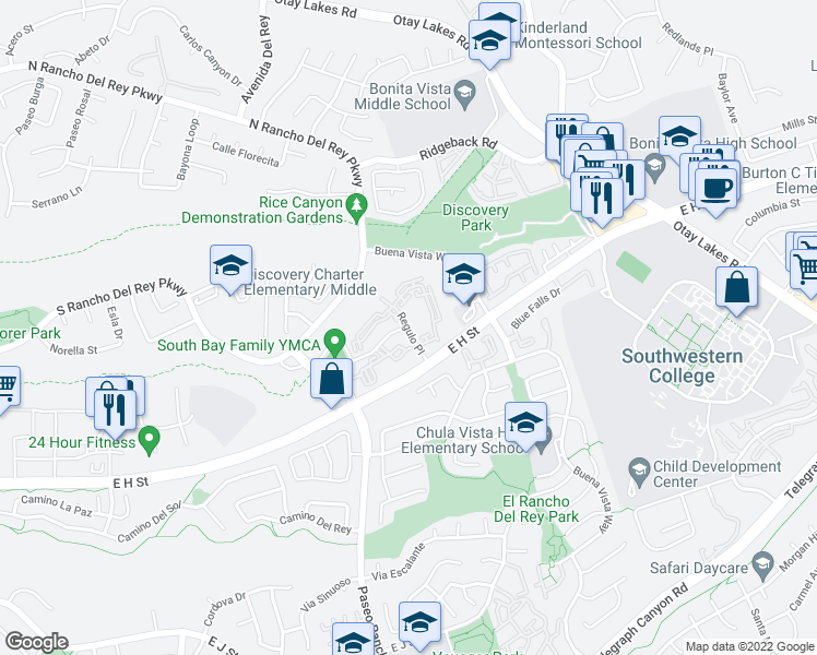 map of restaurants, bars, coffee shops, grocery stores, and more near 841 Regulo Place in Chula Vista