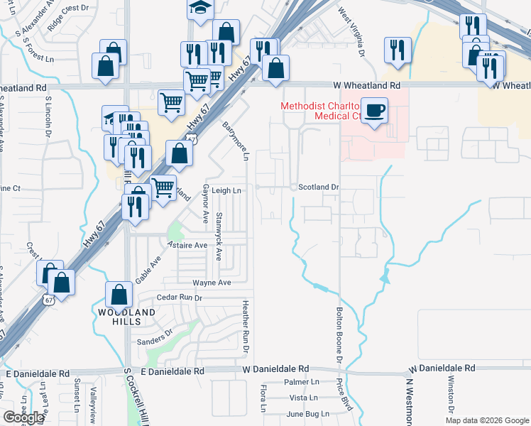 map of restaurants, bars, coffee shops, grocery stores, and more near 1020 Scotland Drive in DeSoto